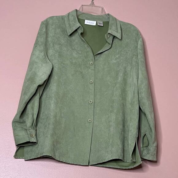 studio works petite textured apple green button front shirt Cuff sleeve sz pl - Picture 6 of 11
